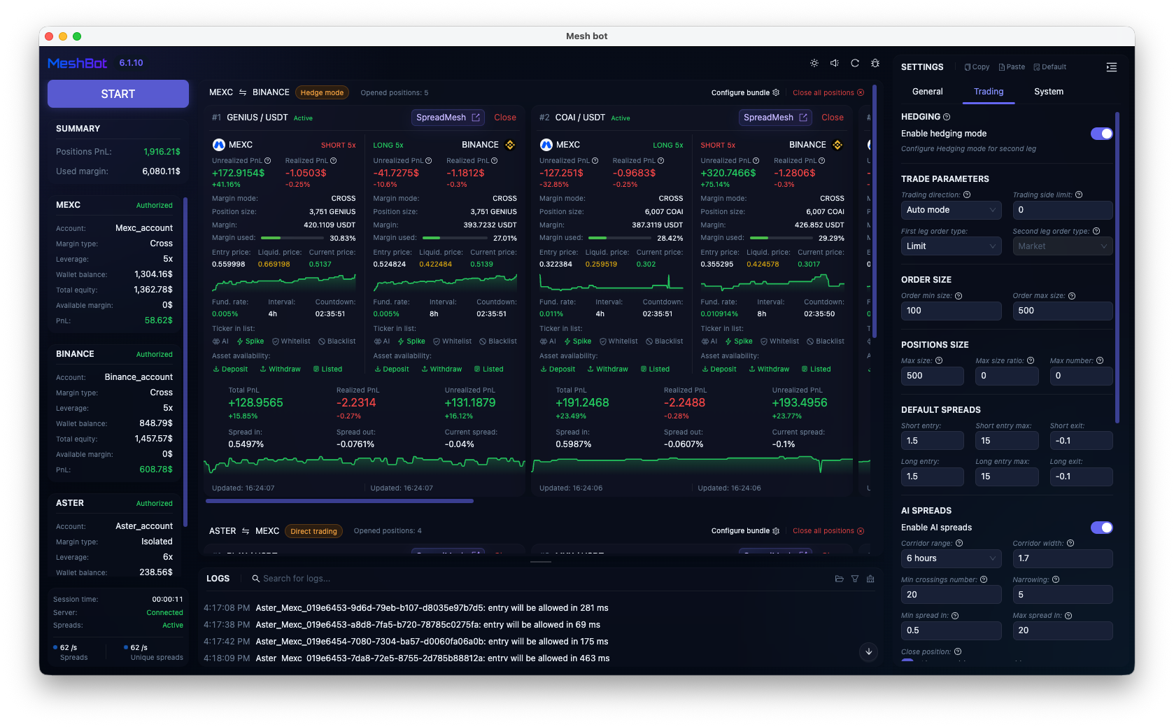 PnL Mesh bot scanner with live exchange spread routes in dark theme